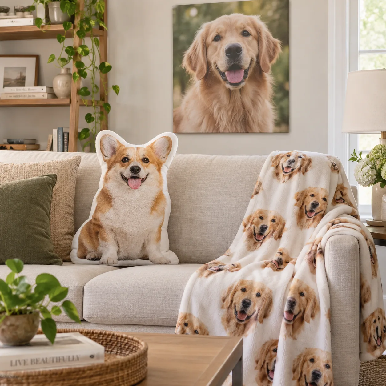 Custom pet gifts in a cozy living room: shaped pillow, photo blanket, and canvas print