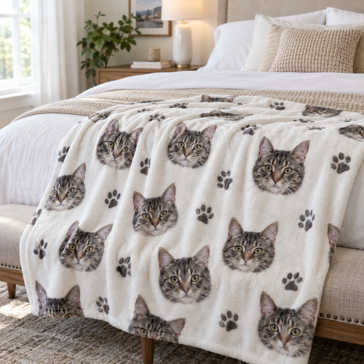 White blanket printed with tabby cat portraits draped over a bed in a cozy bedroom