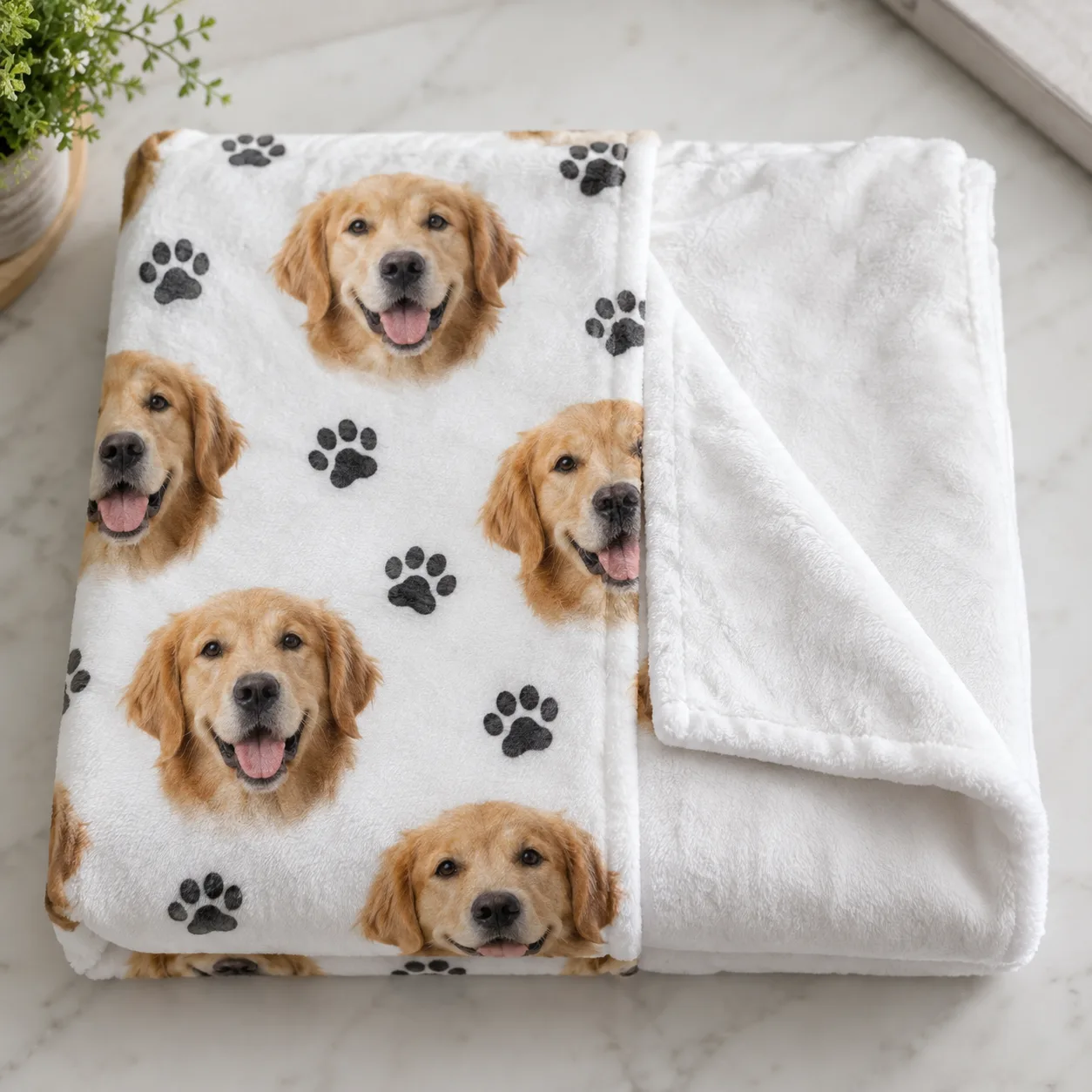 Blanket front with printed pet portraits and plain white unprinted back