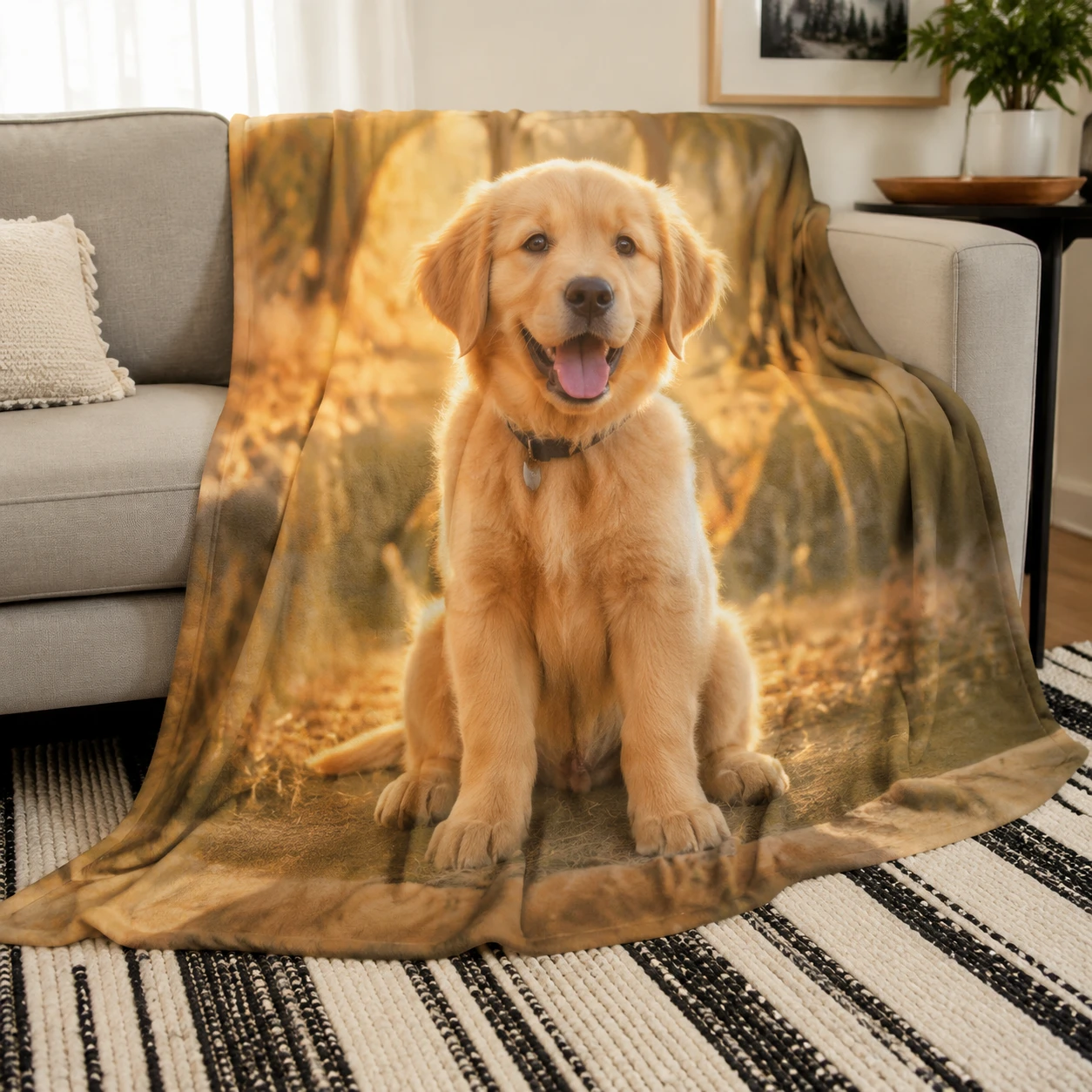 Pet photo blanket draped over a sofa