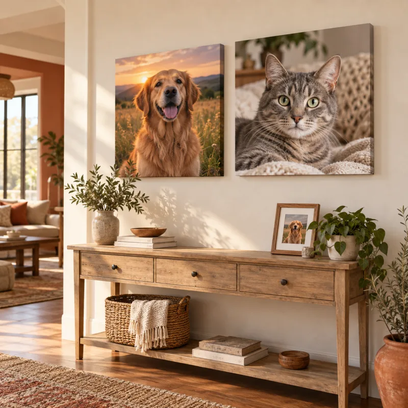 Deux toiles personnalisées d'animaux disposées en mur de galerie