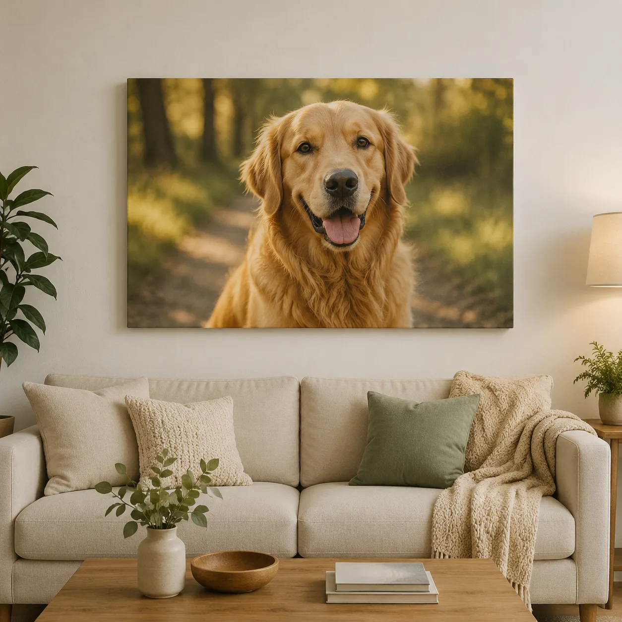 Pet canvas print above a living room sofa