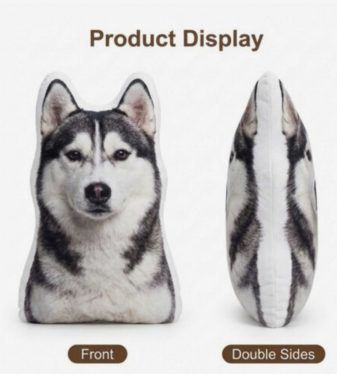 Shaped pet pillow front and side view