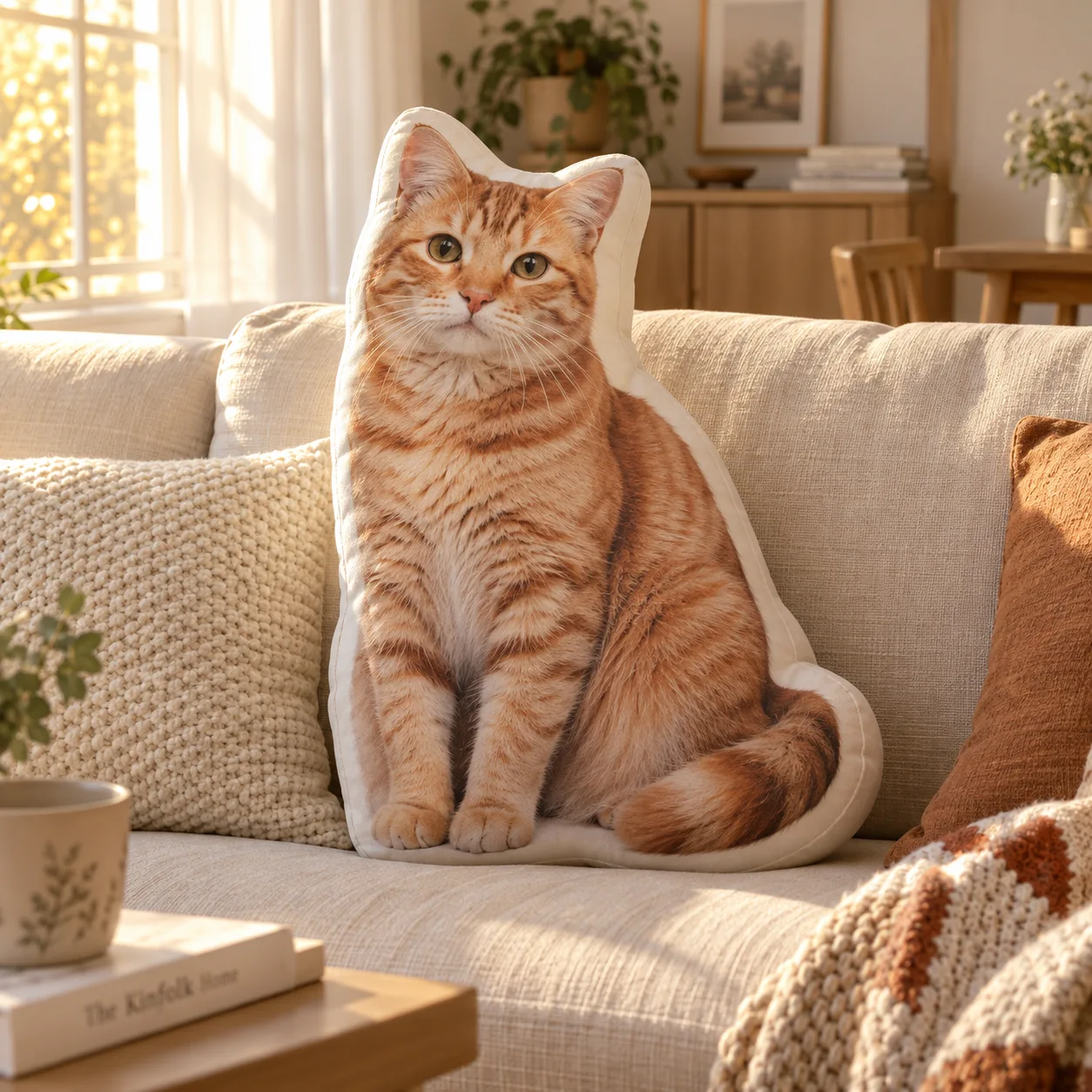 Thick shaped pillow with a tabby cat design resting on a living room sofa