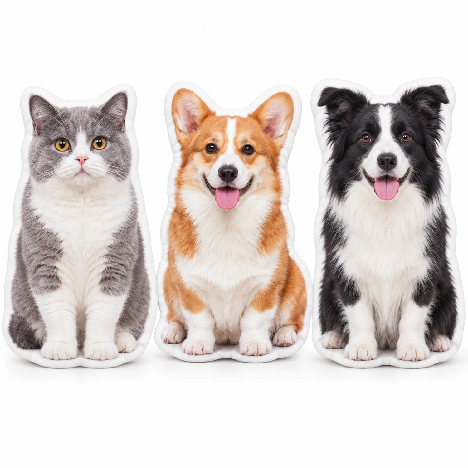 Cat, corgi and dog shaped pillows side by side