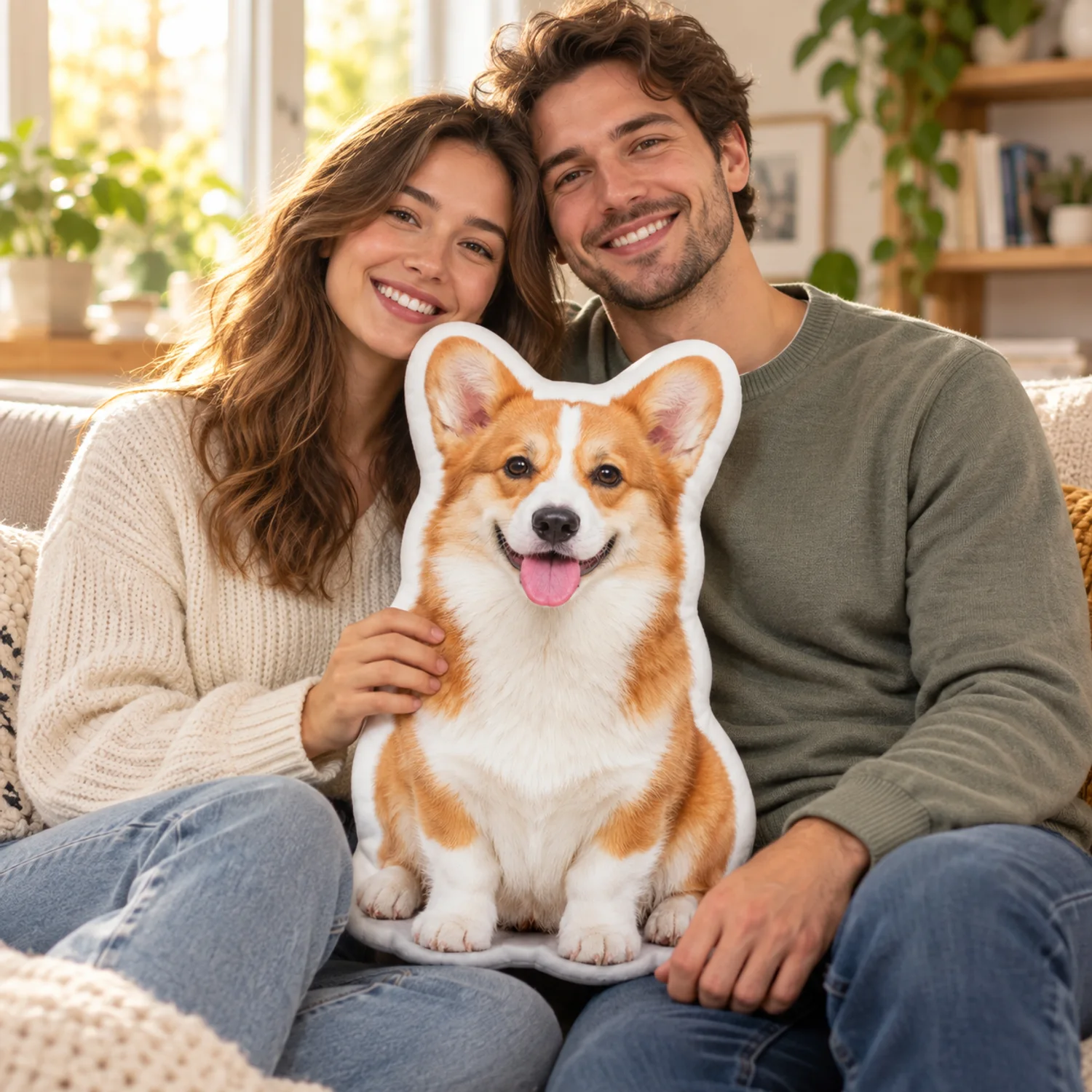 A couple cuddling a corgi shaped pillow on their sofa