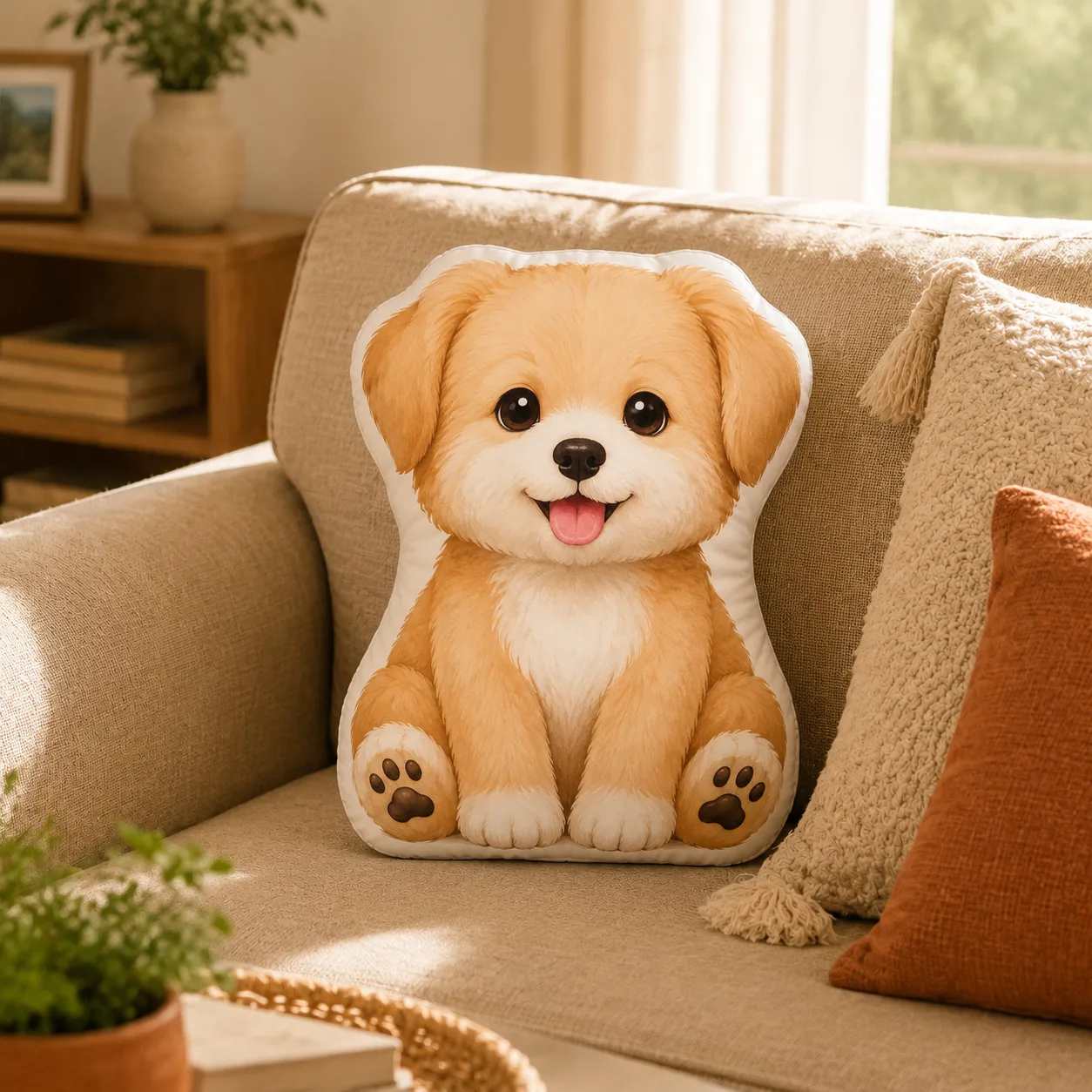 Pet shaped pillow on a cozy living room sofa